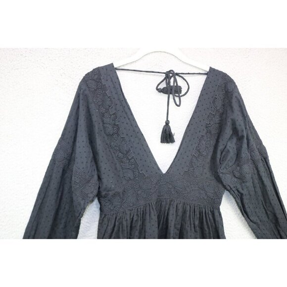 Free People Black Swiss Dot Long Sleeve Mini Dress-Medium-Goth-Boho - Picture 6 of 13